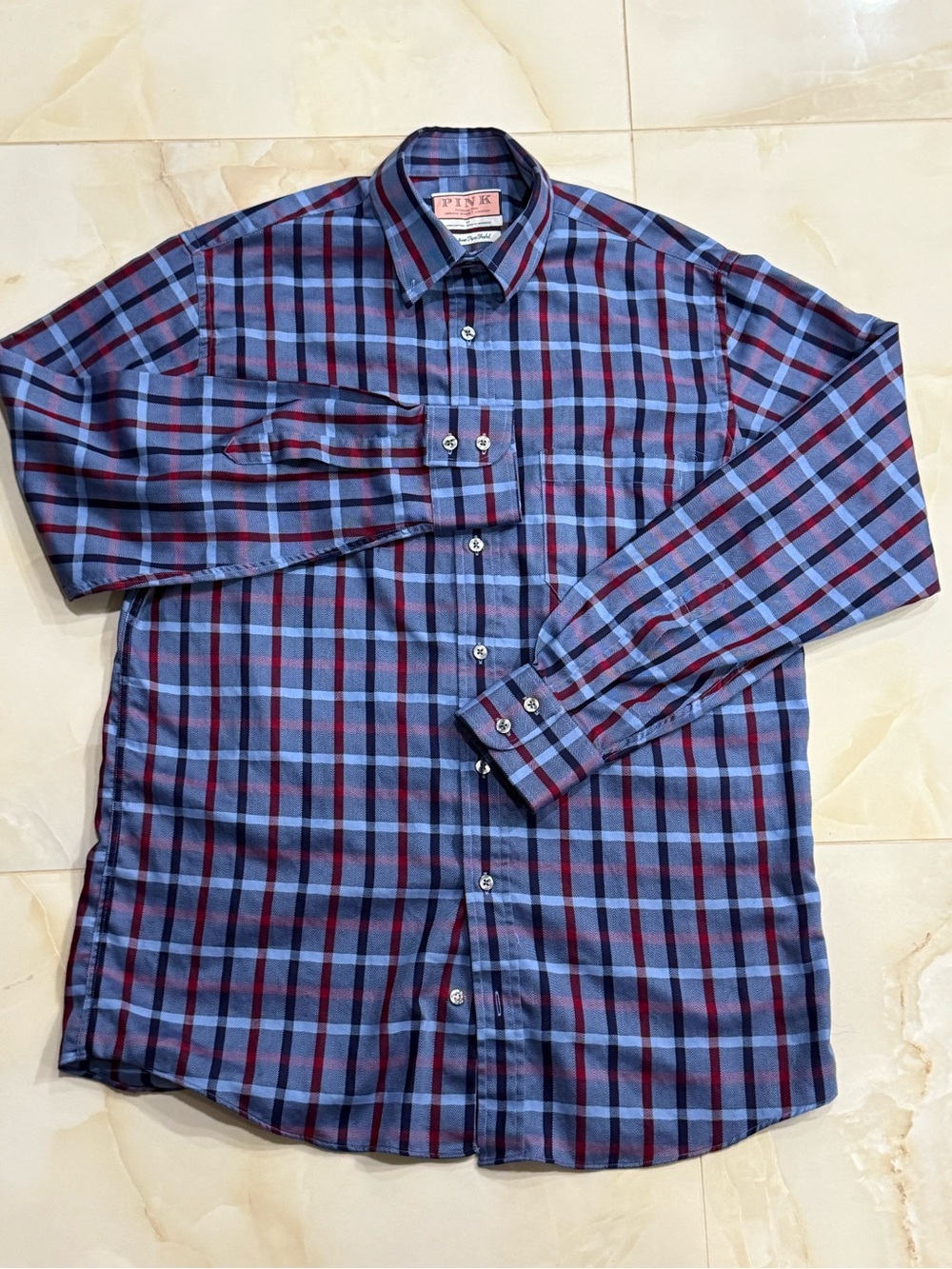 Thomas Pink Blue Plaid Button-Down Shirt with Red Stripes